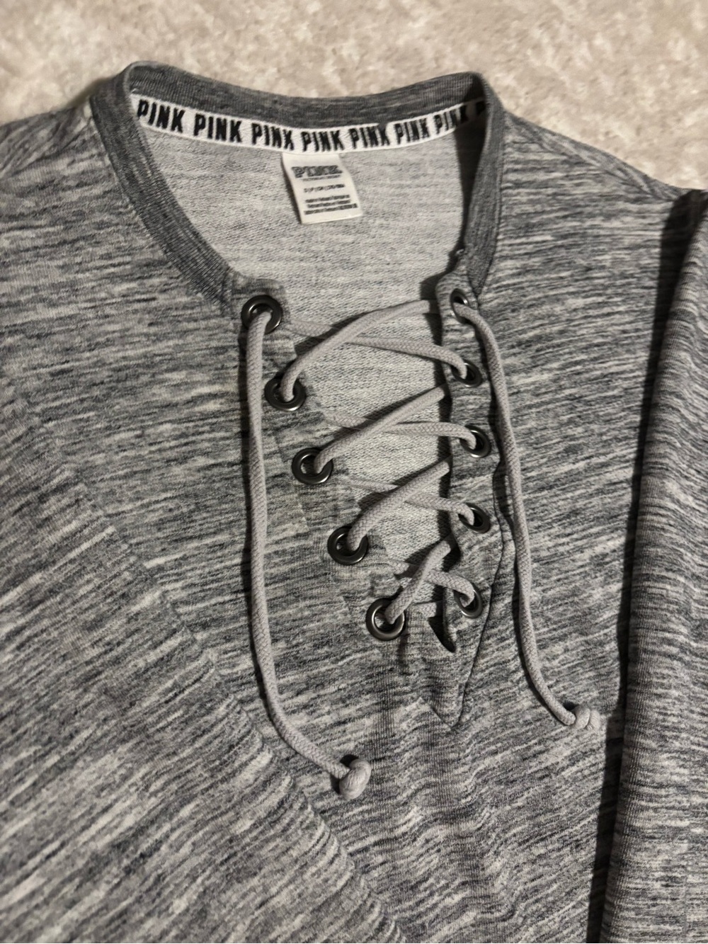 PINK Victoria's Secret Long Sleeve Sweater Lace V-Neck Marled Grey Size Small